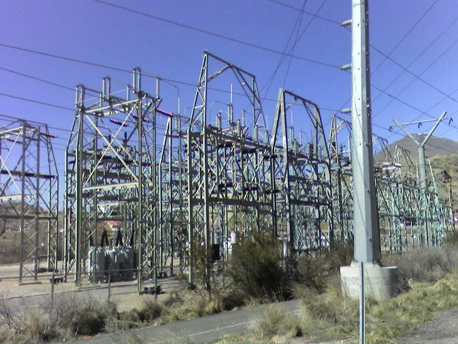Transformers and electrical equipment at a transmission substation.
